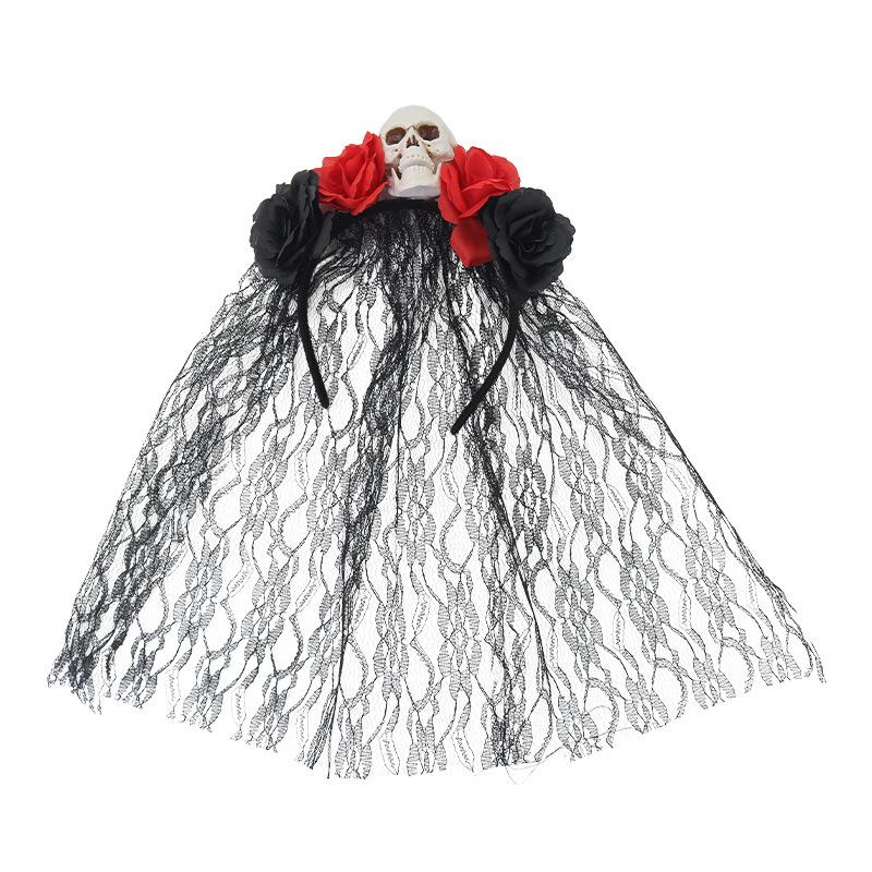Gothic Black Lace Rose Floral Headband Halloween Skull Flower Headpiece Day of the Dead Hair Accessories
