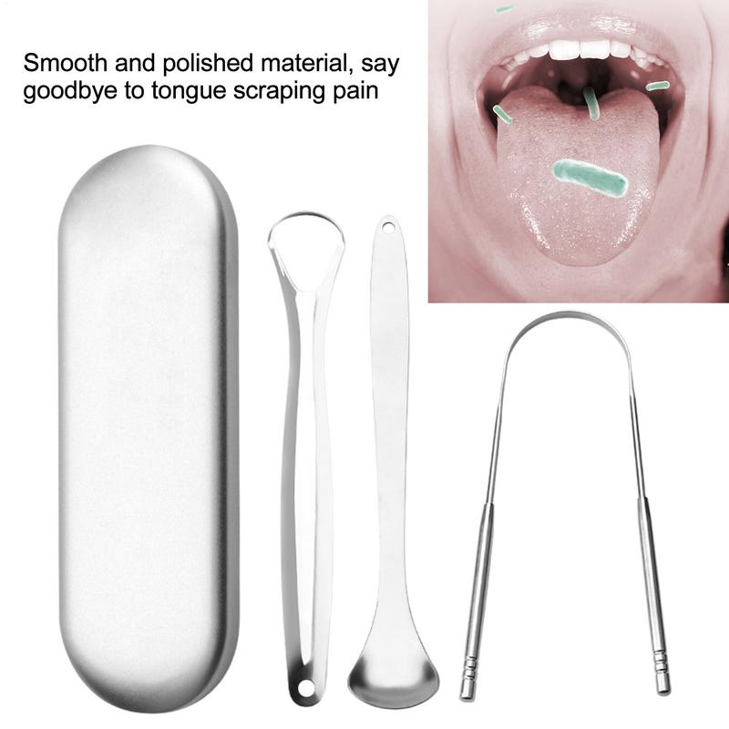 Tongue Scraper Set Tongue Brush Tongue Cleaner Tongue Toothbrush Reusable Portable Stainless Steel Fresh Breath Care Tool