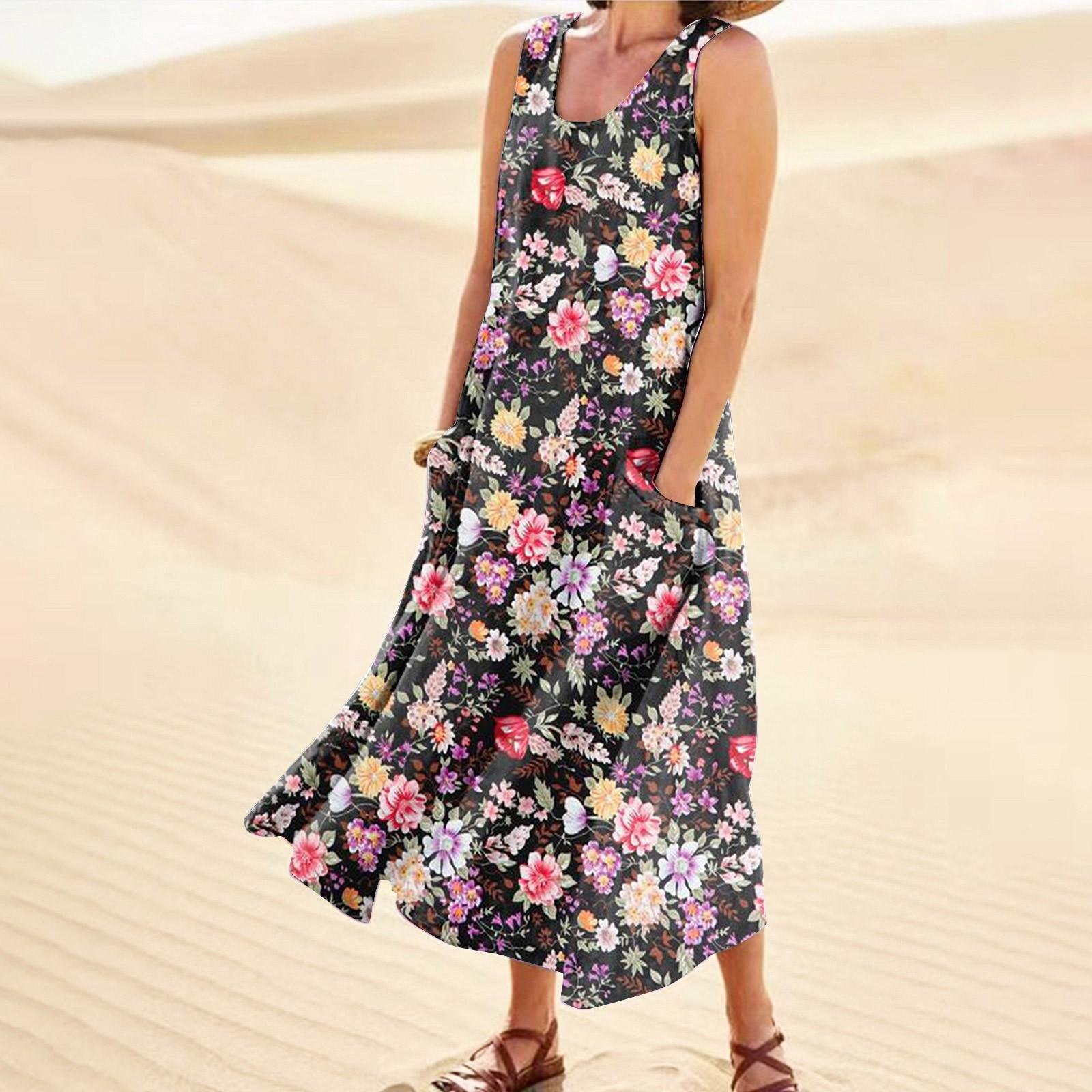 

Fashion Summer Casual Comfortable Flower Print Sleeveless Cotton With Pocket Beach Dress For Women XXXL