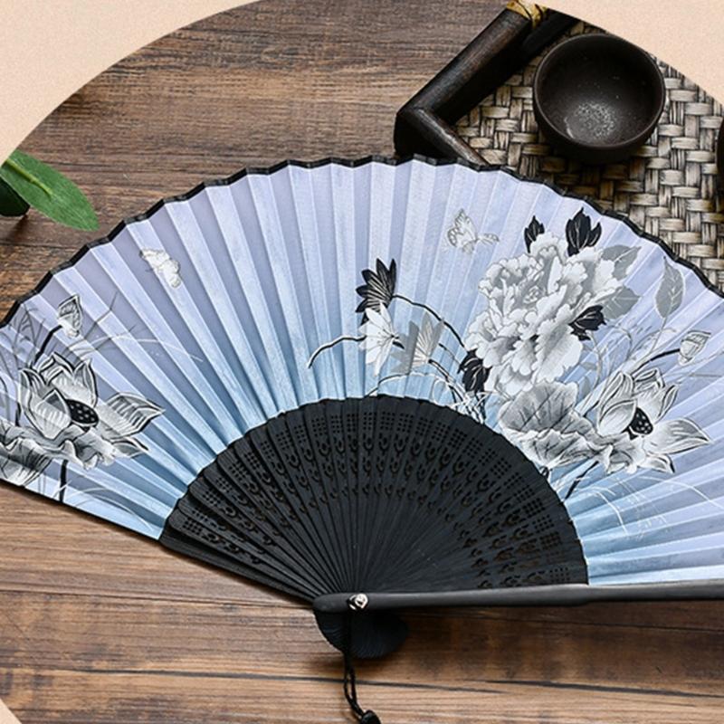Floral Handheld Folding Fan Hand Held Silk Bamboo Fans with Tassels Hollowed Hand Foldable Fan for Dancing Wedding Decor
