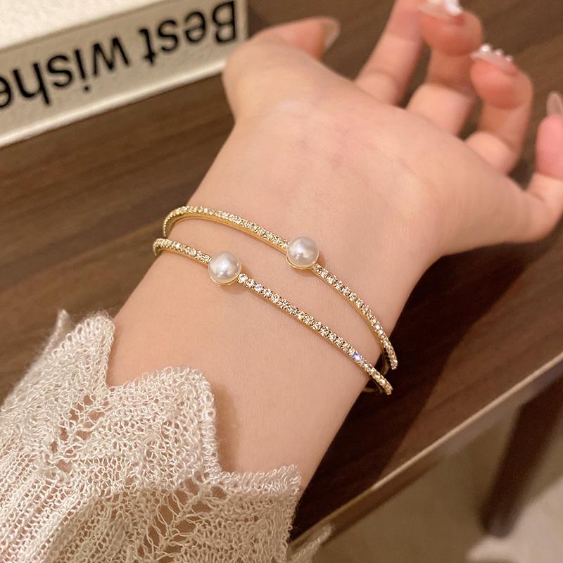 Двухслойный открытый браслет с цирконом и жемчугом, подарок девушке, браслет, украшение