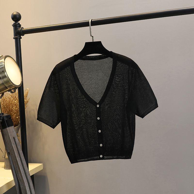 

Ice Silk Cardigan Thin Suspender Skirt Waistcoat Knitted Short Sleeve Black -121 2XL