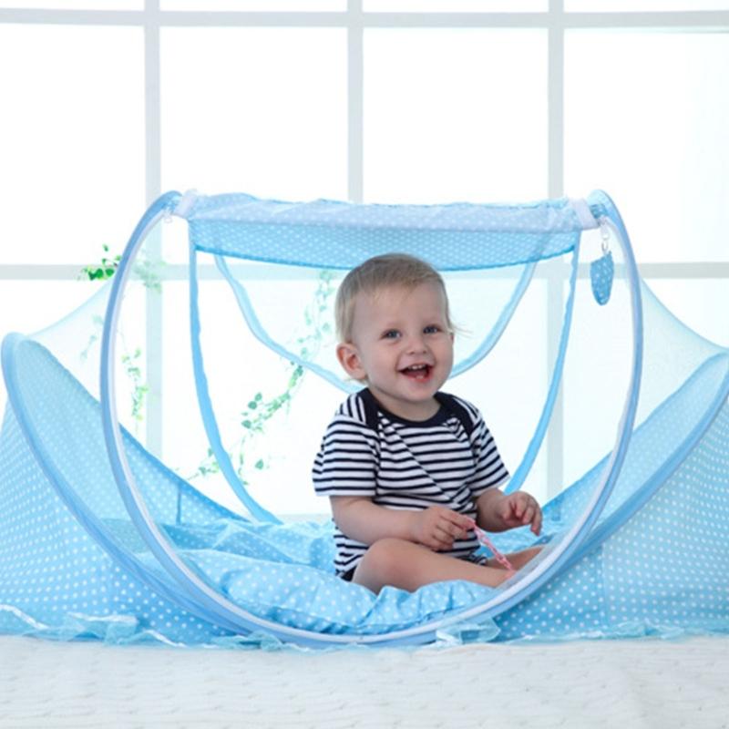 Breathable Fly Proof Baby Bed Net Foldable Compact with 3cm Sleeping Pad and Cotton Pillow for Newborns Safety