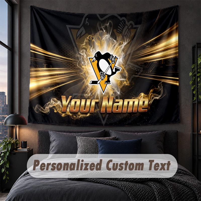 Custom Name Text Tapestry,Pittsburgh Penguins Decorative Wall Hanging, Background Tapestry For Home Bedroom