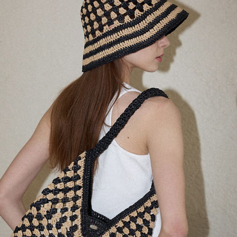 Slowslowly Fruit Handmade Crochet Raffia Bucket Hat _ Mix (Beige&Black)