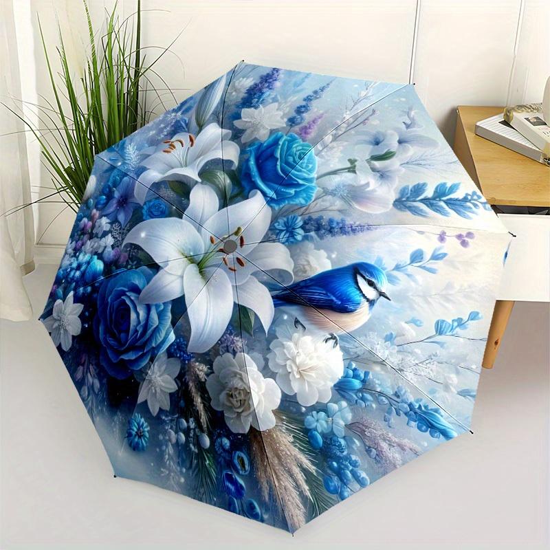 

Automatic Opening/Closing Umbrella with Blue Rose & Bird Floral pattern - 8-Rib Automatic Folding/Unfolding, All-Season Portab (as the picture,Iron&8K)