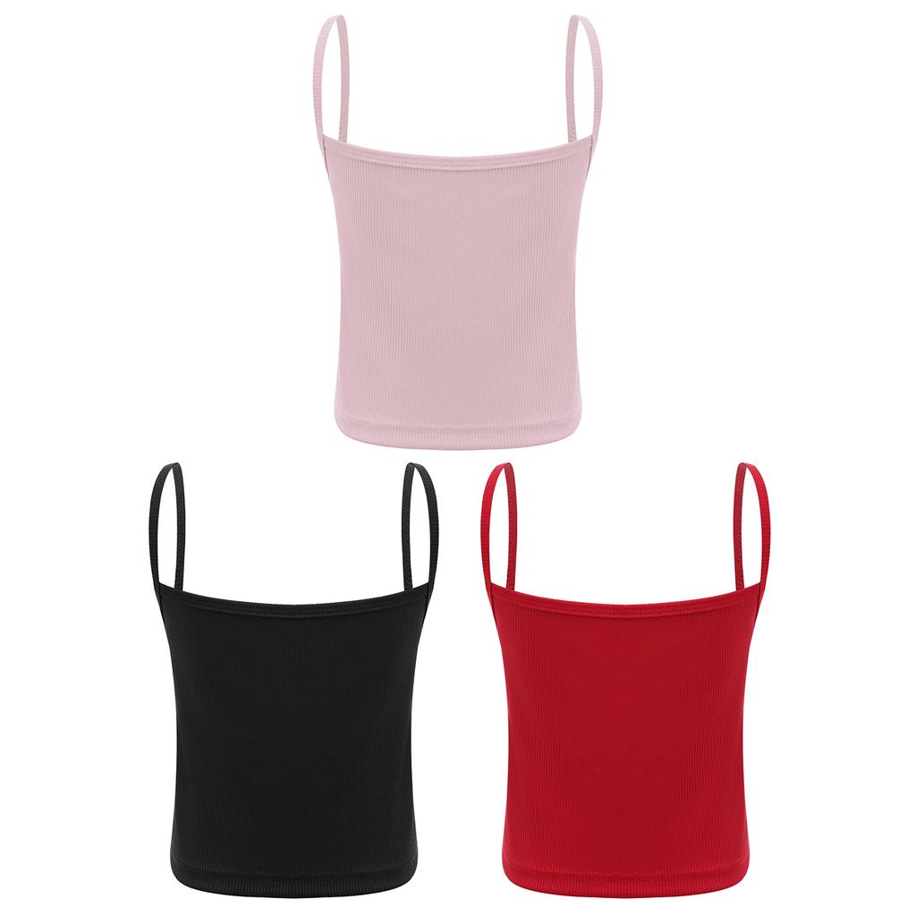 Set da 3 pezzi per bambine: canottiera a costine, top corto senza maniche con spalline sottili, tinta unita, per sport e allenamento di danza