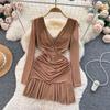 Women Casual Sleeve Long Neck V Solid Color Dress Waist High A Line Sheath Spring Elastic Mini