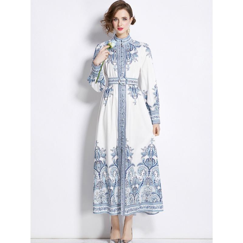 Spring Autumn Women Vintage Print Runway Dresses Single Breasted Long Maxi Party Belt Dress for Graduation