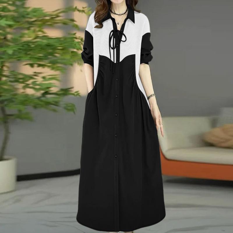 ZANZEA Women Casual Turn Down Collar Long Sleeve Loose Patchwork Dress
