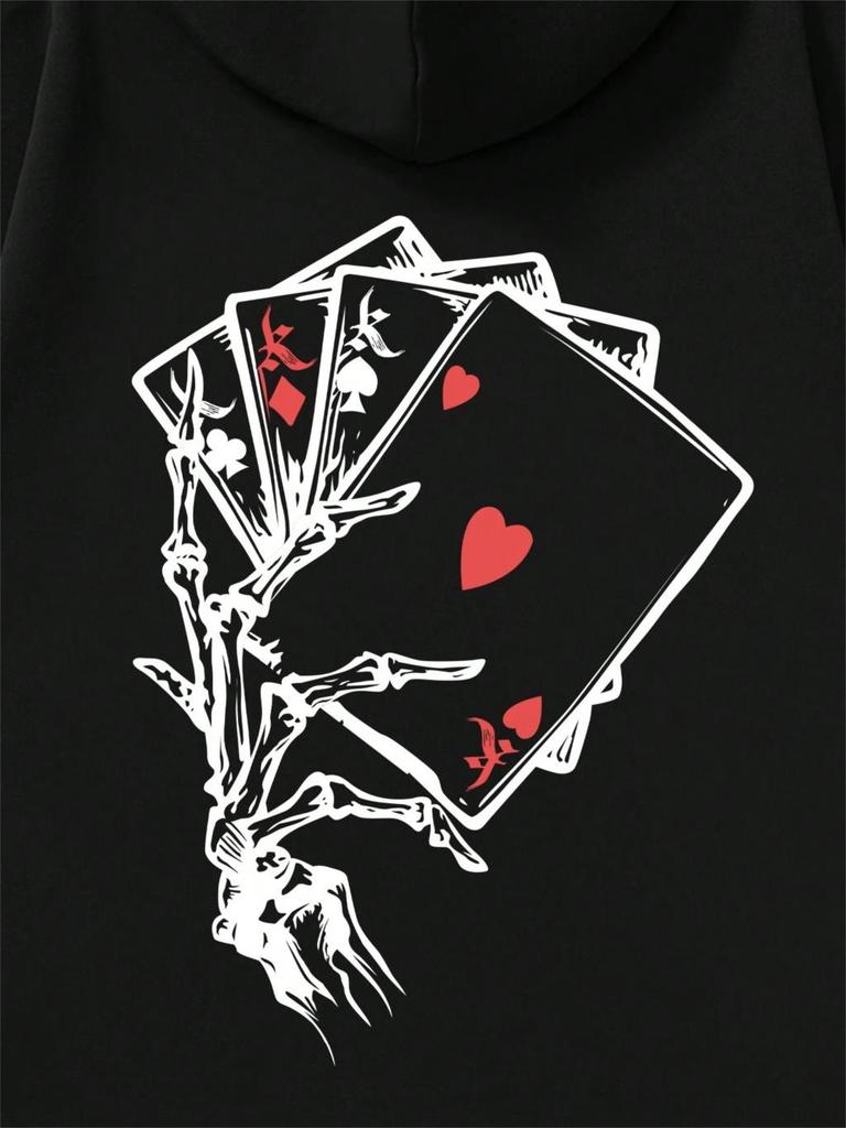 Playing Card Printing Hoodie For Men Kangaroo Pocket Drawstring Pullovers Loose Fleece Warm Sweatshirts Autumn Casual Clothes