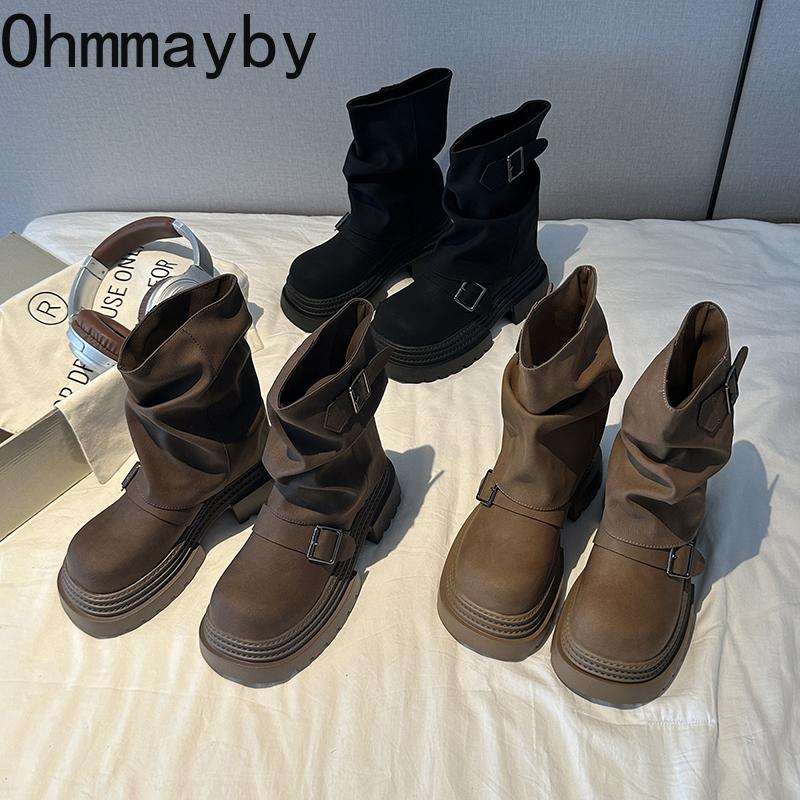 Vintage Platform Thick Bottom Women Ankle Boots Fashion Belt Buckle Autumn Winter Female Slip On Short Booties