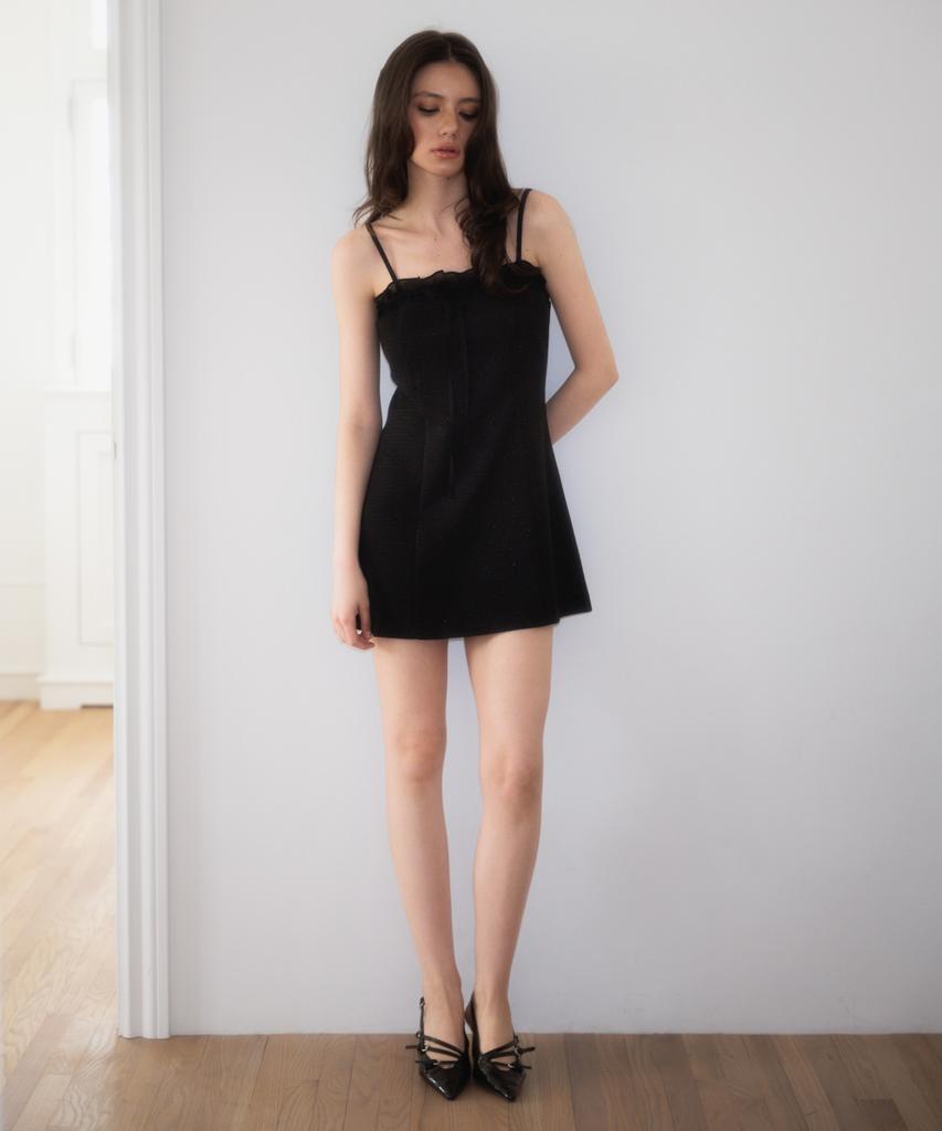 Rose Franz Tweed Ribbon Tie Mini Dress [Black]