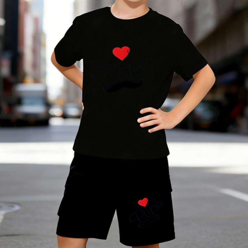 

Boys 2 Piece Letter Print Outfit, Short Sleeve T-Shirt and Shorts Set for Kids Age 5-14,Black and White Sporty Casual Summer Clothes 5-6 Years чёрный