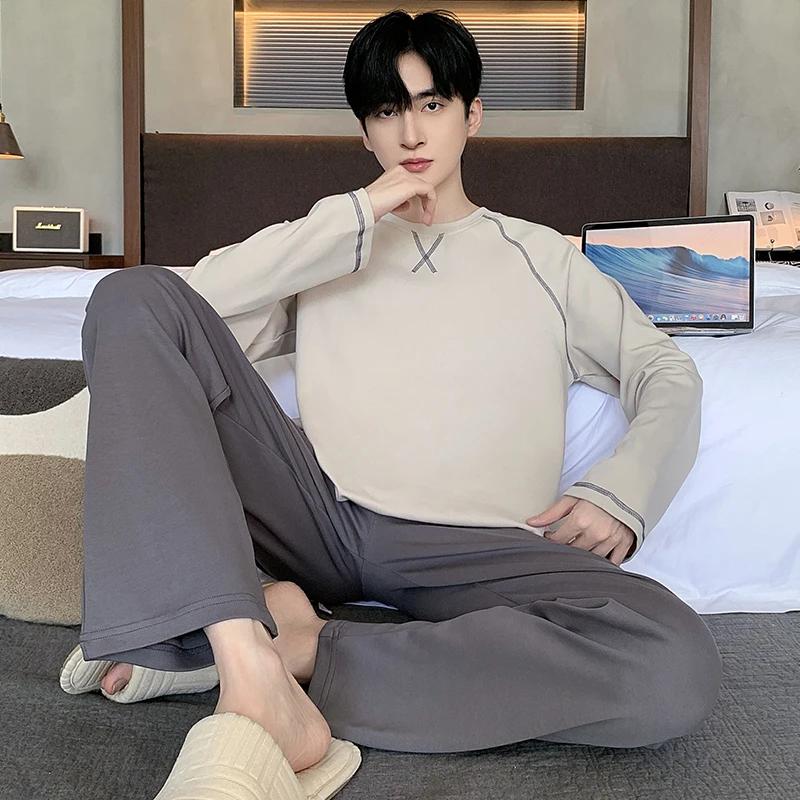 Men Pajamas Set Spring Cotton Casual Sleepwear Minimalist Style Long Leisure Homewear Fashion Boys Nightwear