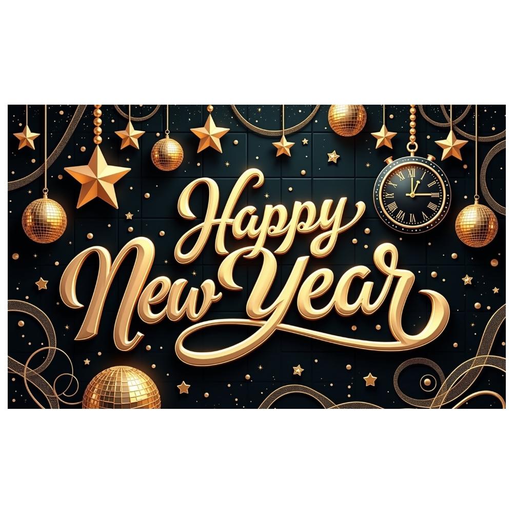 Holiday Celebration Banner Clock Gold Star Banner New Year Backdrop Shiny Design Happy New Year Banner For Office Celebration