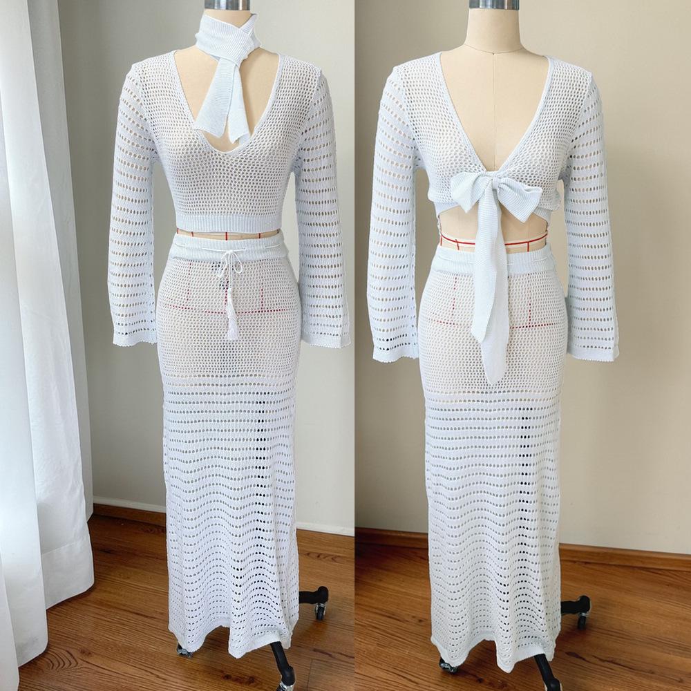 2026 Women's Beach Resort Knit Long Sleeve Top & Skirt Set - European American Style