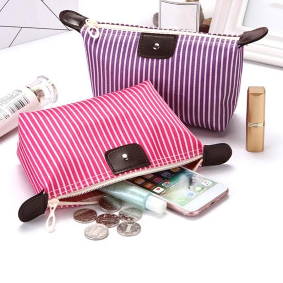 Striped Cosmetic Bag Portable Zippered Small Makeup Bag Foldable Stylish Toiletry Bag for Makeup Brushes Skincare Products