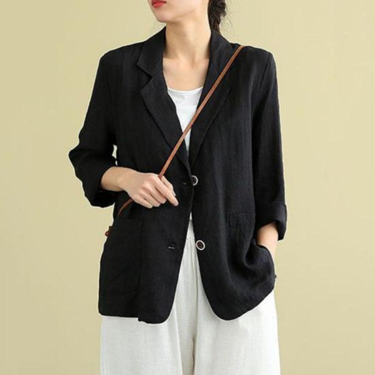 Women Vintage Casual Blazer Jacket Cotton Linen Coat Long Sleeve Lapel Thin Coat with Pockets 2 Buttons