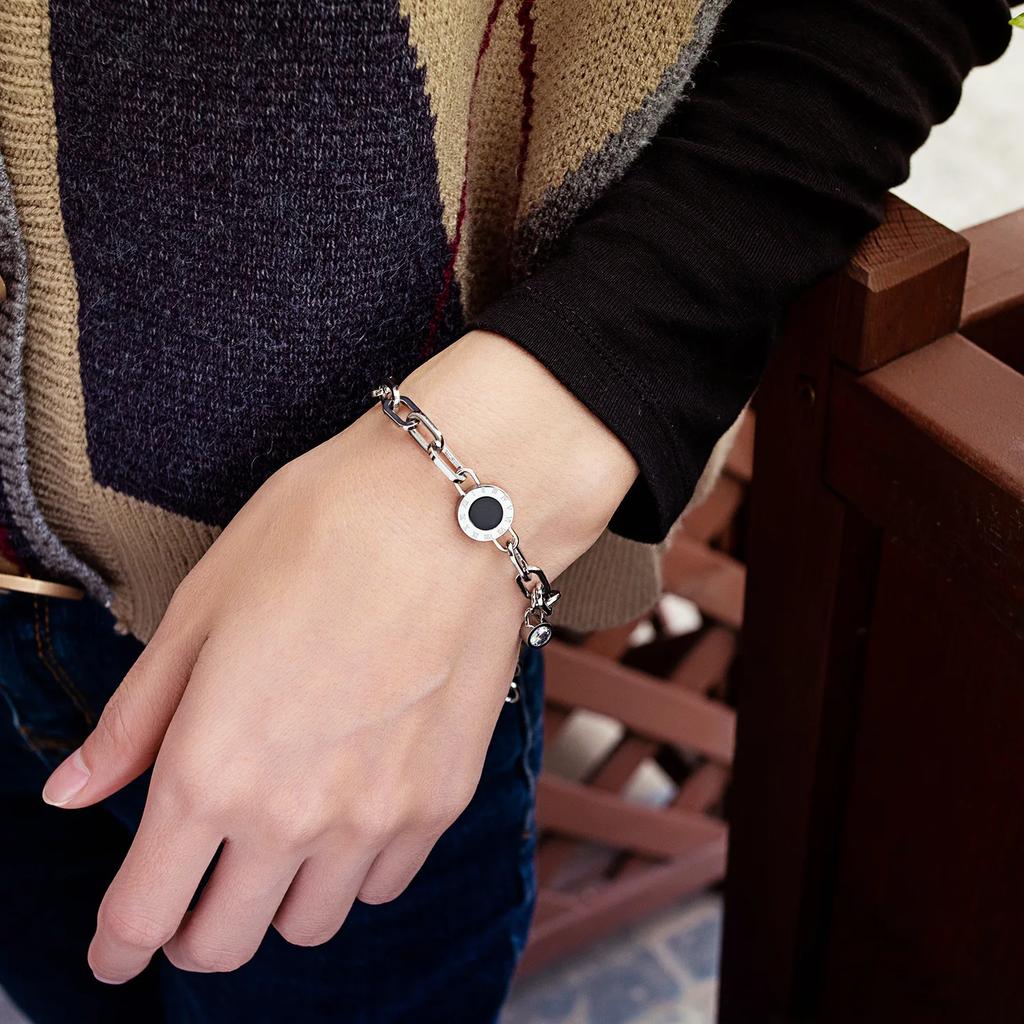 Luxury Gold Stainless Steel Crystal Pendant Bracelet for Women New Trendy Circle Roman Numerals Bangle Party Jewelry