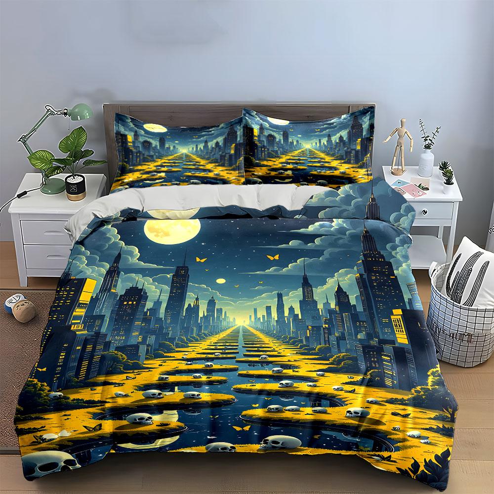 Moonlit city skyline pathway. Bedding sets Duvet cover sets Duvet covers Pillowcases(1 * Duvet Cover 2 * Pillowcases, without duvet insert)