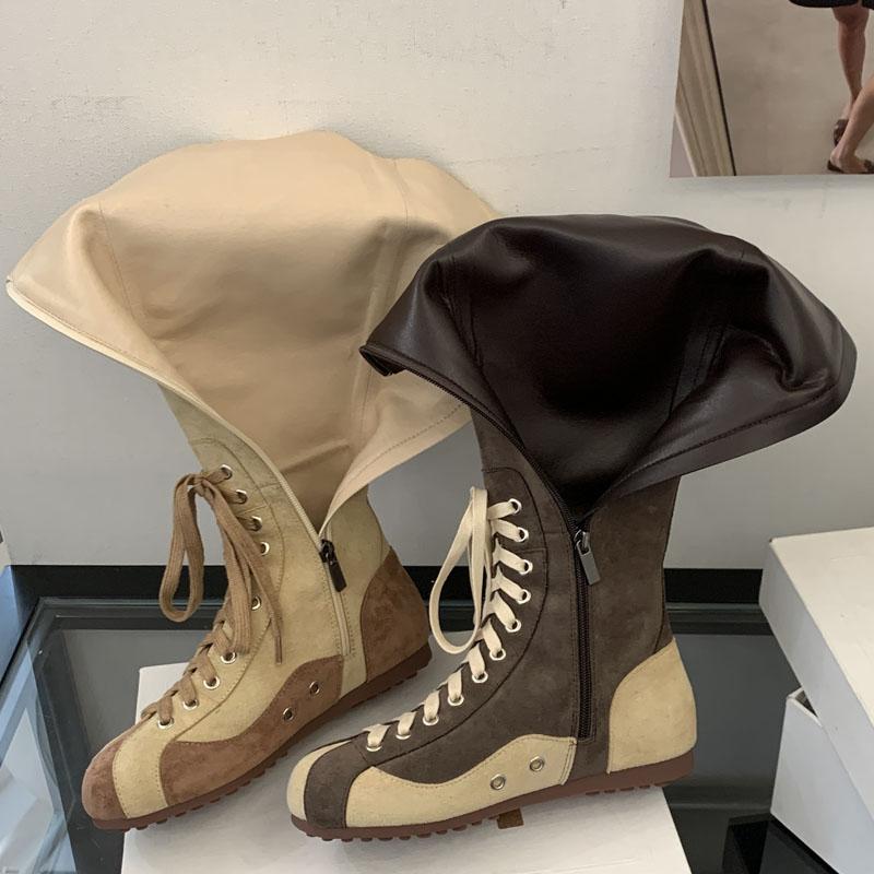 Fashion Eilyken Winter Designer Mixed Color Cross Lace-up Women Knee-High Boots Punk Style Round Toe Zipper Flat Heels Shoes