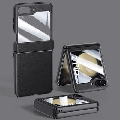 Pro Galaxy Flip5 5G luxusní kožené tvrzené skleněné pouzdro pro Samsung Galaxy Z Flip 5 Flip5 ochranný kryt s panty Capa