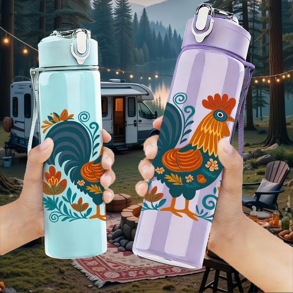1PC Rooster Floral Farm 750ml Color Plastic Sports Water Bottle Leakproof Flip Straw Lid Suitable for Sports Office Home Use