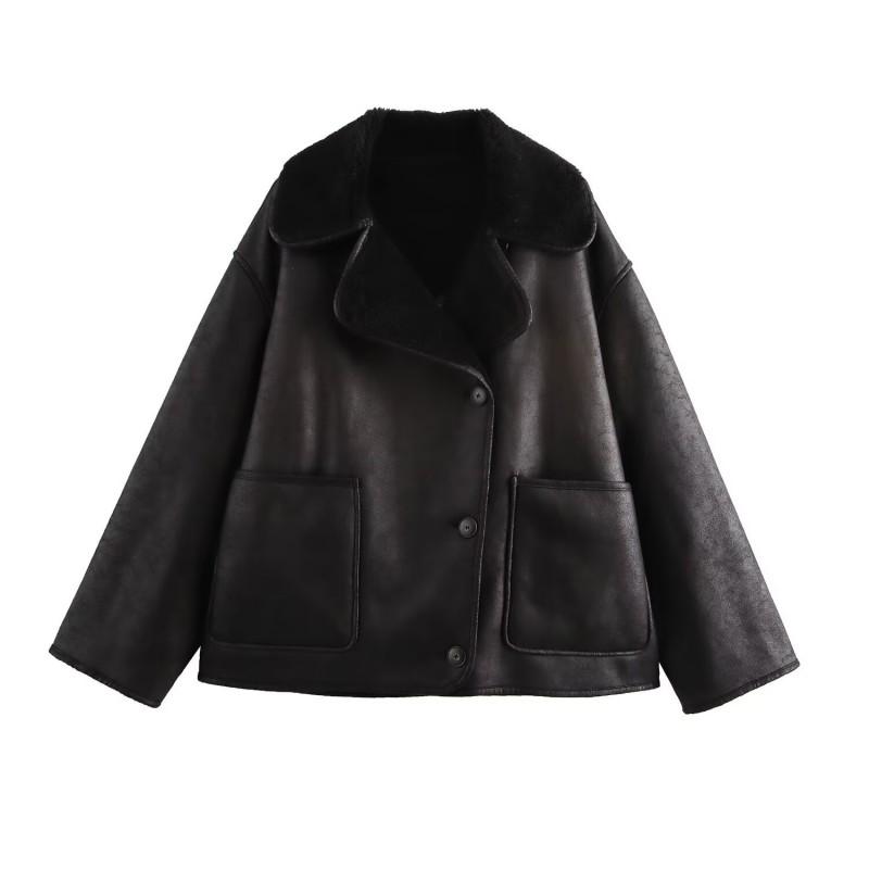Womens Faux Fur Collar Long Sleeve Jacket In Solid Colors - Streetwear Style Regular Fit Mid-Length
