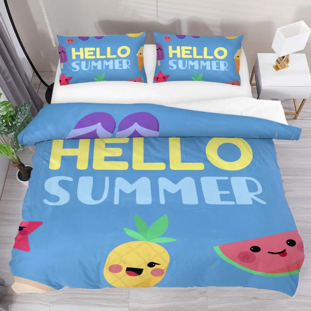 Hello Summer Duvet Cover Set Watercolor Watermelon Fruits Bedding Set Summer Holiday Theme Blue Rustic Cabin Comforter Cover