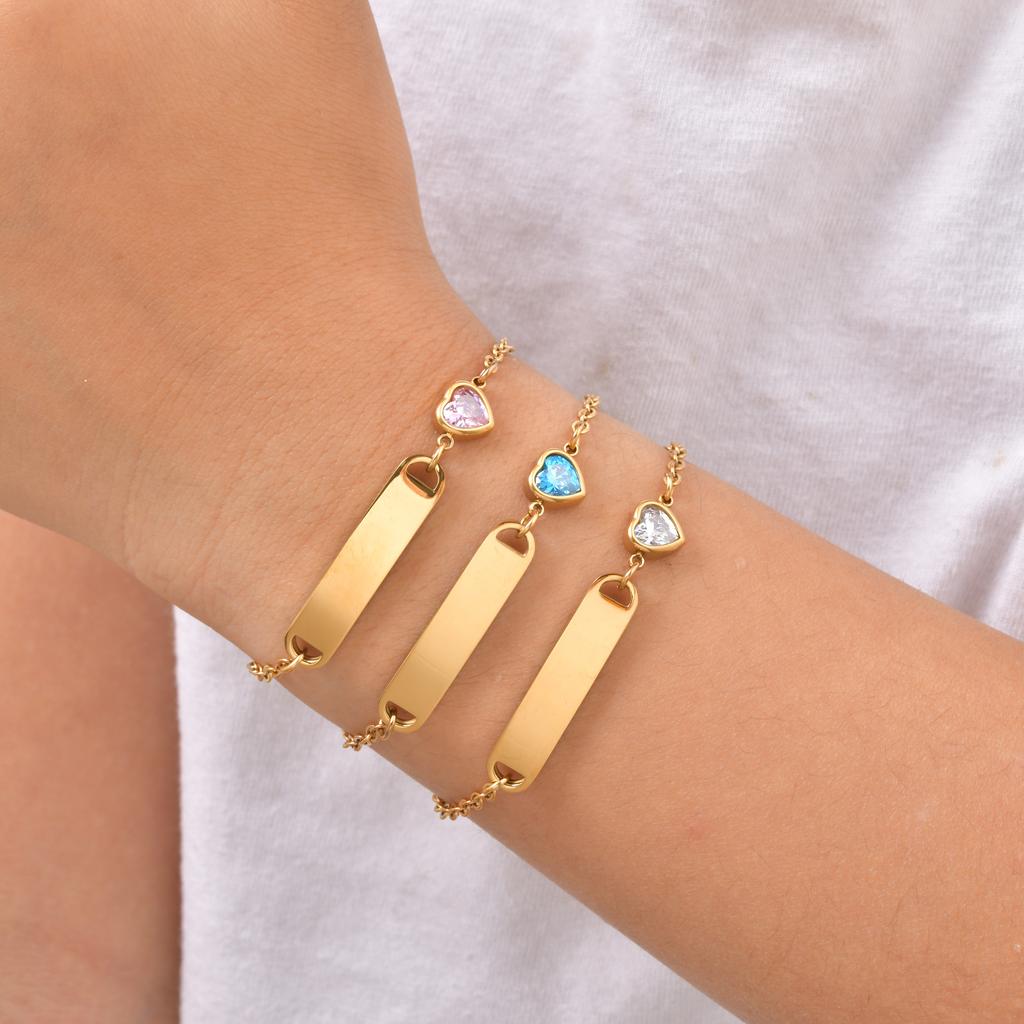 Customized Child ID Bracelet, Personalized Engraved Name Stainless Steel Zircon Heart Bracelets, Not Allergic Jewelry for Girl