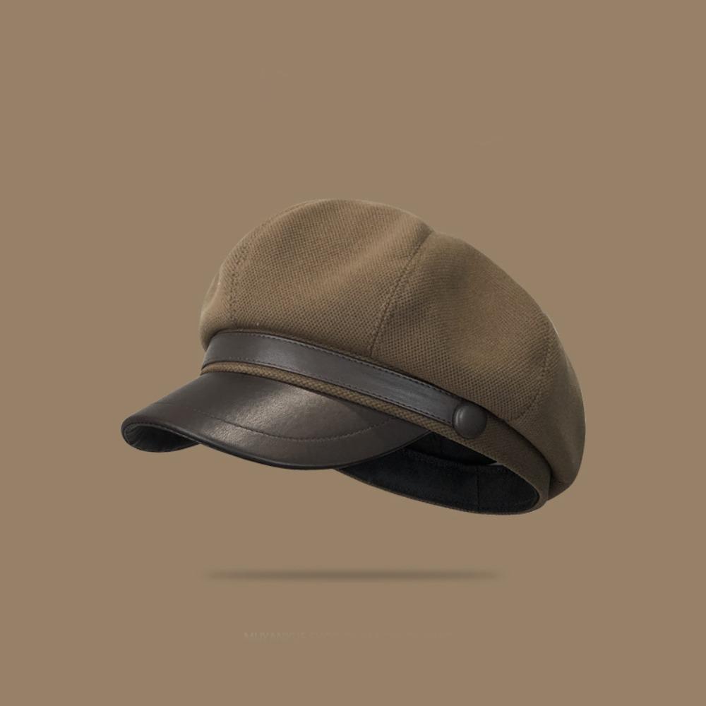 Korean Style Pu Leather Beret British Style Painter Hat Fashion Wool Octagonal Hat  Girl