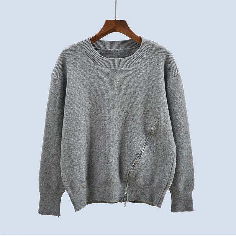 Round Neck Side Loose Zip Long Sleeves Autumn and Winter Knitting Sweater Pullover Bottoming Shirt Asymmetrical Women's Clothing Tops