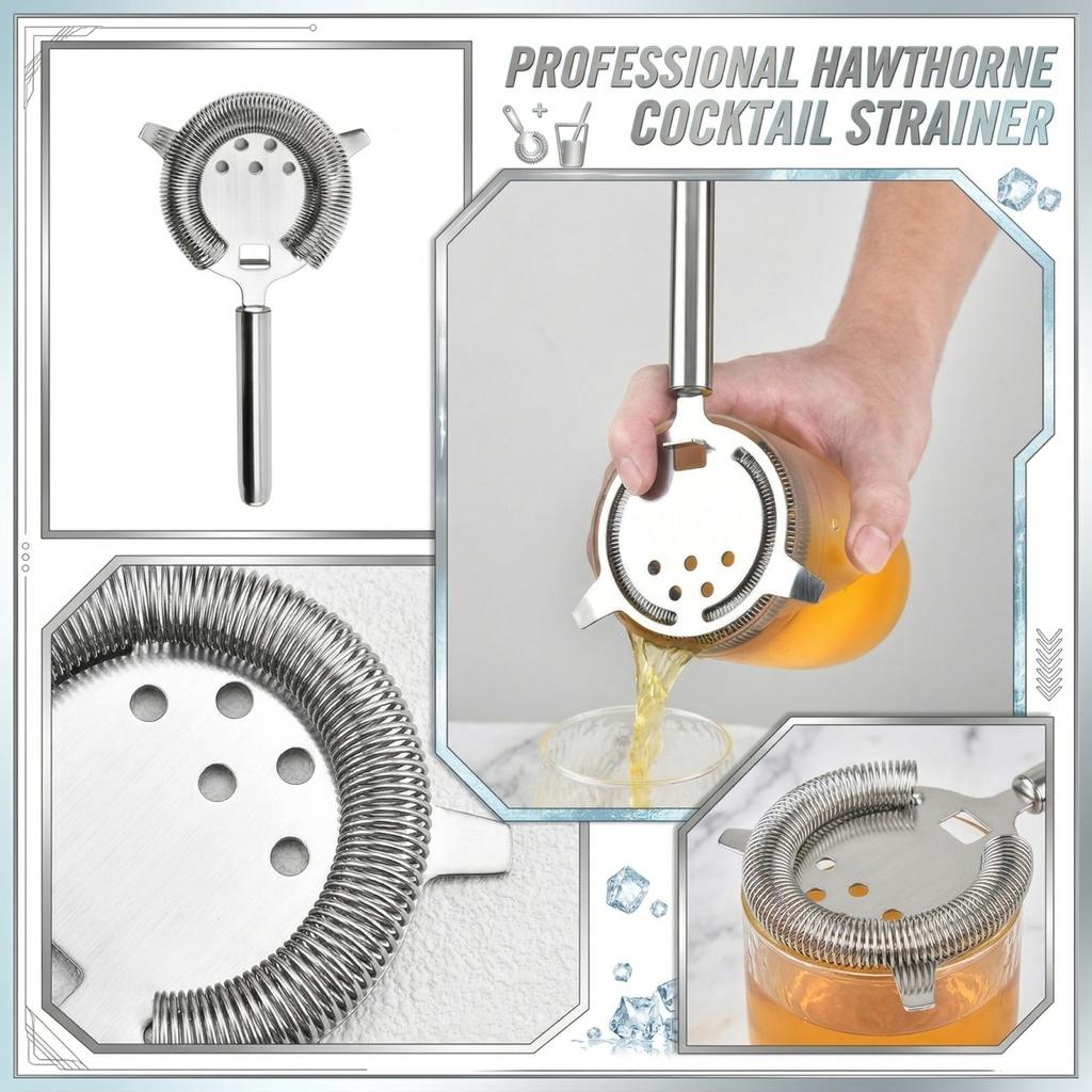 Stainless Steel Cocktail Strainer with Coil Spring for Bartending and Drink Mixing Professional Bar Tool for Home and Commercial Use