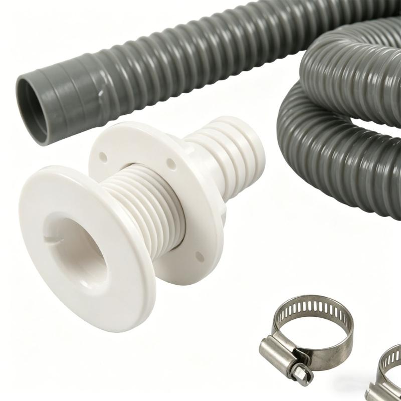 Marine ABS Plastic Drain Fitting Kit Comes With 29mm Hose Clamp And 6 Foot Corrugated Tube For Boat Bilge Pump System