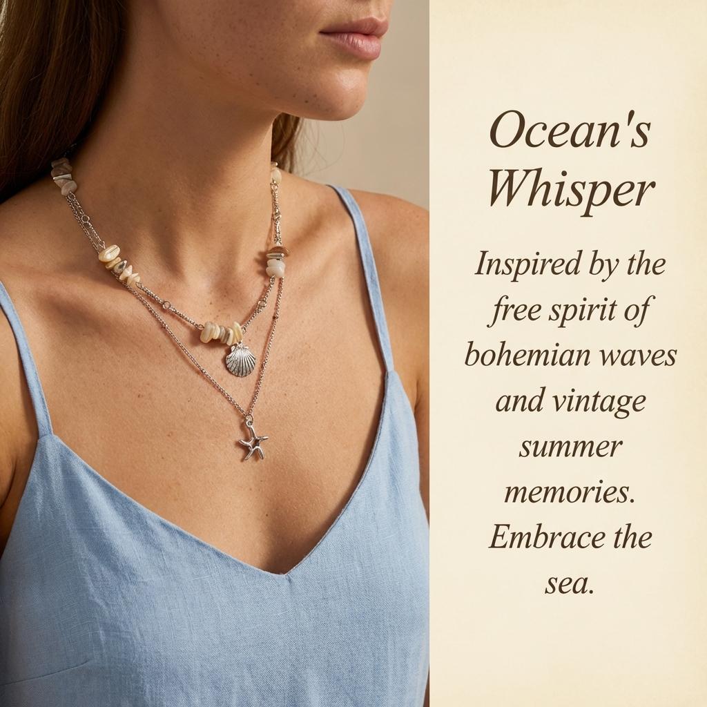 Boho Summer Vacation Layered Necklace for Women Mermaidcore Layered Starfish Shell Double Chain Summer Festival Beach Jewelry