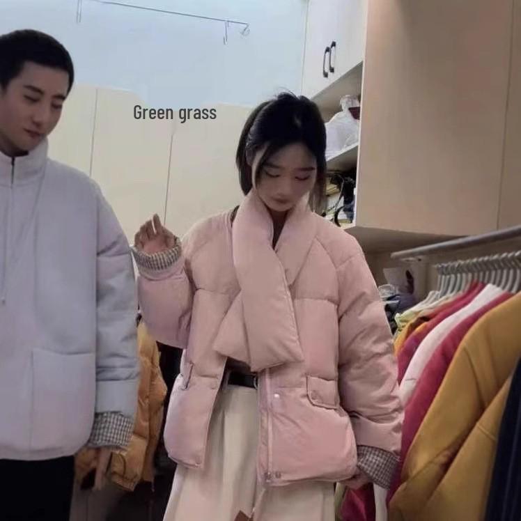 

Женское корейское лоскутное пуховое хлопковое пальто-снуд 2024 - Зимнее свободного кроя, толстое и теплое Extra Large розовый