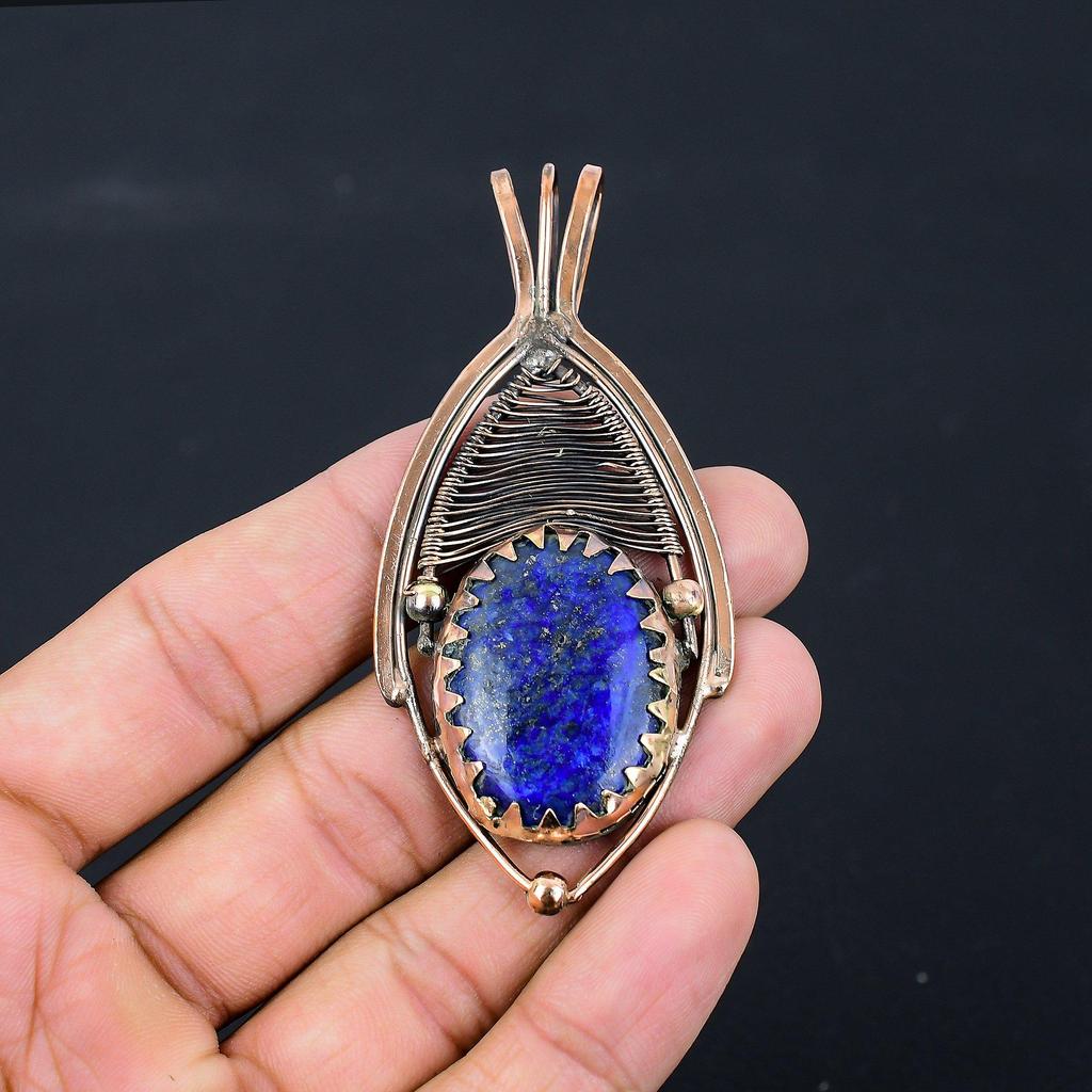 Aufwendiger Lapislazuli-Edelstein, reiner Kupferdraht, umwickelt, handgefertigter Anhänger-Schmuck