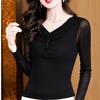 Autumn New Foreign Versatile V-neck Waist Thin Top Solid Color Long-sleeved Bottoming Button-down Women