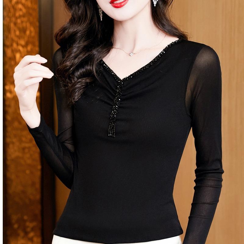 Autumn New Foreign Versatile V-neck Waist Thin Top Solid Color Long-sleeved Bottoming Button-down Women