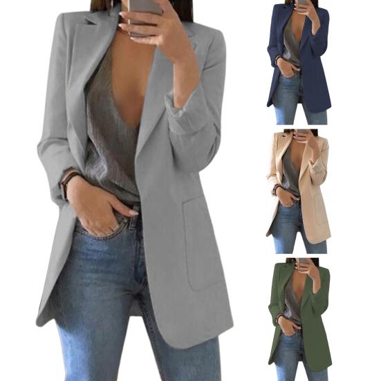 Women Suit Coat Lapel Long Sleeve Open Front Suit Jacket with Pockets Solid Color Slim Fit Office Work Basic Outerwear
