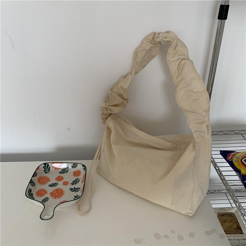 Women's Korean Version Single Shoulder Pleated Drawstring Canvas Bag, Small Fresh Artistic Solid Color Hand-held Diagonal Cross Casual Women's Bag