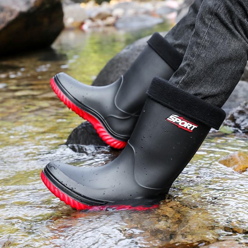 Rain Boots Men's Medium Tube Fashion Outdoor Waterproof and Non-slip Thickened Rain Shoes Fishing Water Shoes Velvet Thermal Rubber Shoes Water Boots