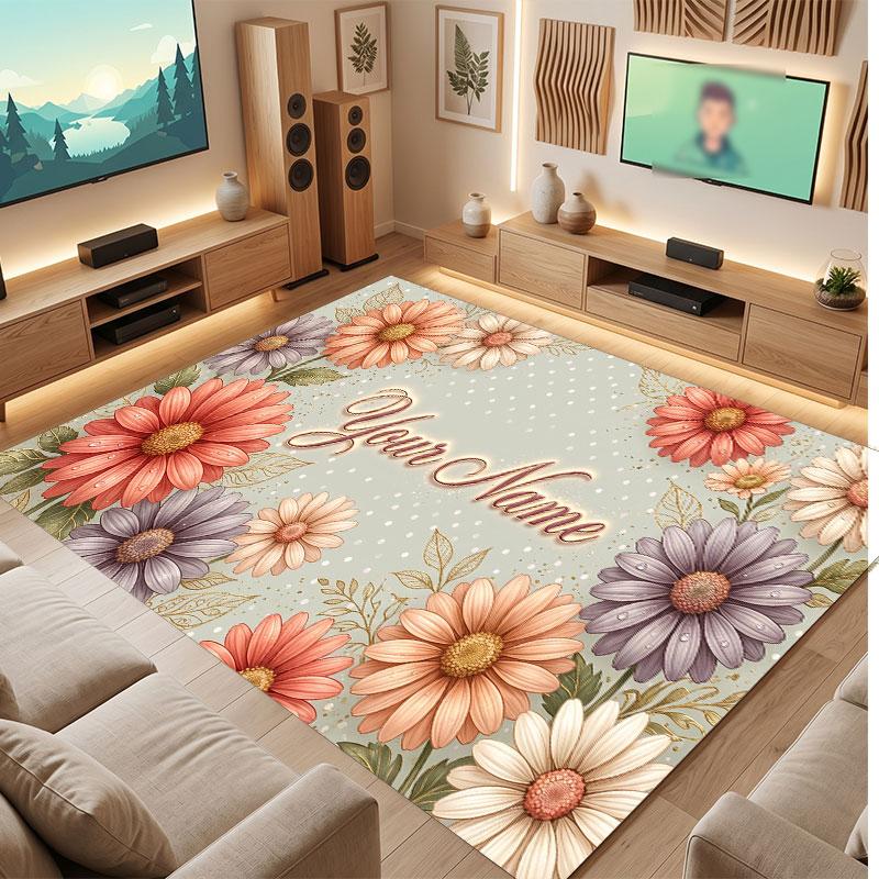 Floral Garden Theme Crystal Velvet Floor Rug Personalized Custom Name Text Warm Carpet Home Decoration