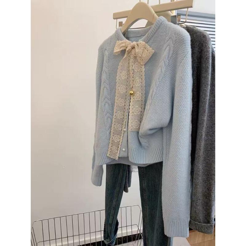 

Late autumn dopamine lace bow milk whirring soft waxy blue sweater autumn and winter women small lazy wind L