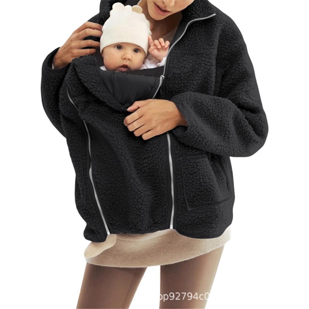 Women Maternity Fleece Hooded Jacket Zip‑Up Multifunctional Baby Carrier Coat Warm Parent‑Baby Outerwear Autumn Winter