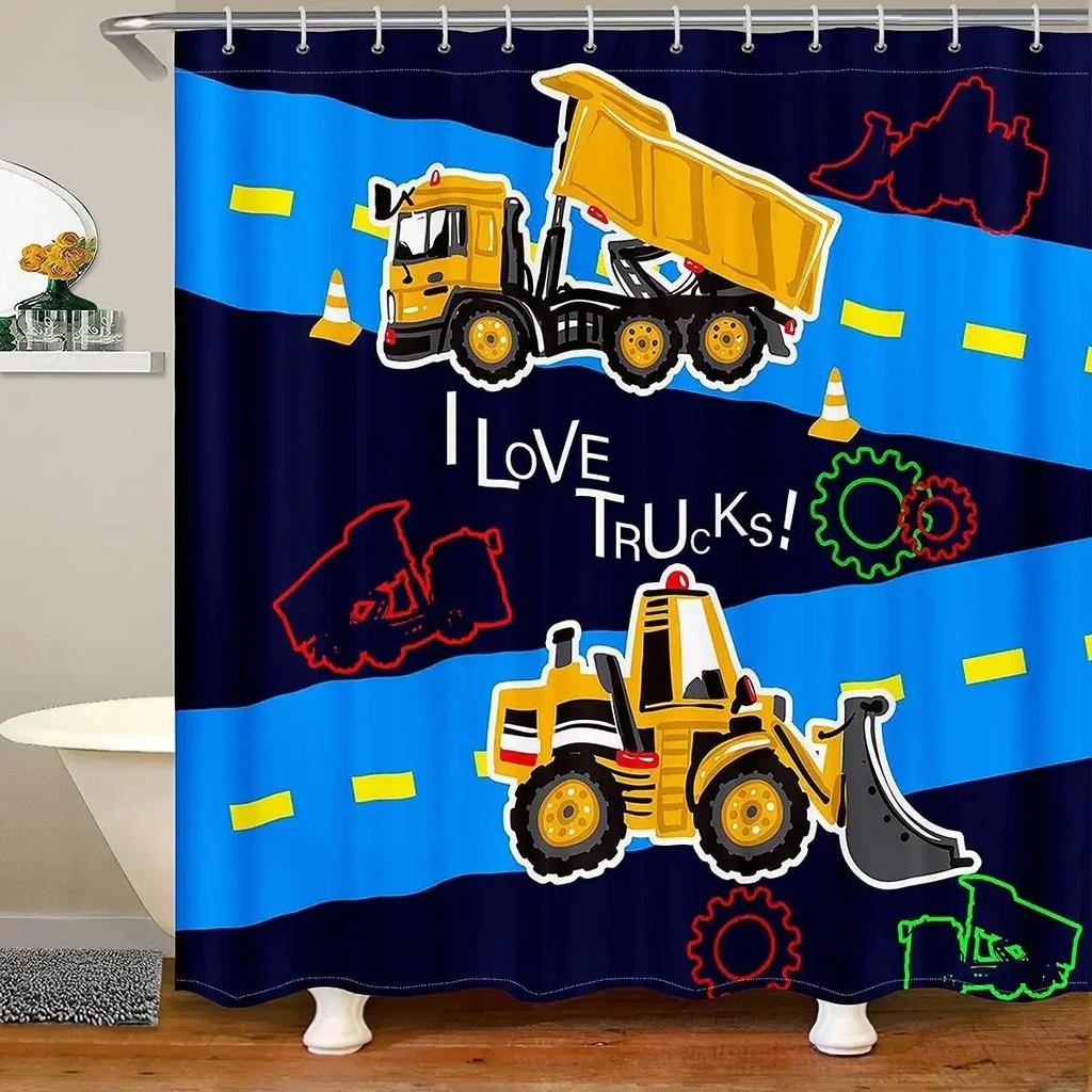 Kid Excavator Shower Curtain Tractor Mechanic Truck Construction Vehicle Boys' Bulldozer Crane Hanging Curtains Bathroom Decor