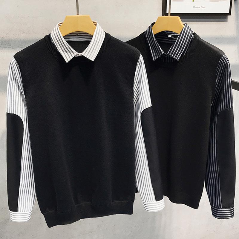Men's Fake Two-Piece Sweater with Shirt Collar: 2025 Spring/Autumn Patchwork Knitwear Trendy Jacket