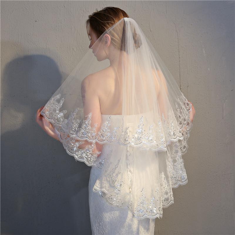 Wedding Veil, Double Layered, with Hair Comb, Exquisite Sequined Lace Lace Veil, Bridal Photo Styling Veil In the Studio