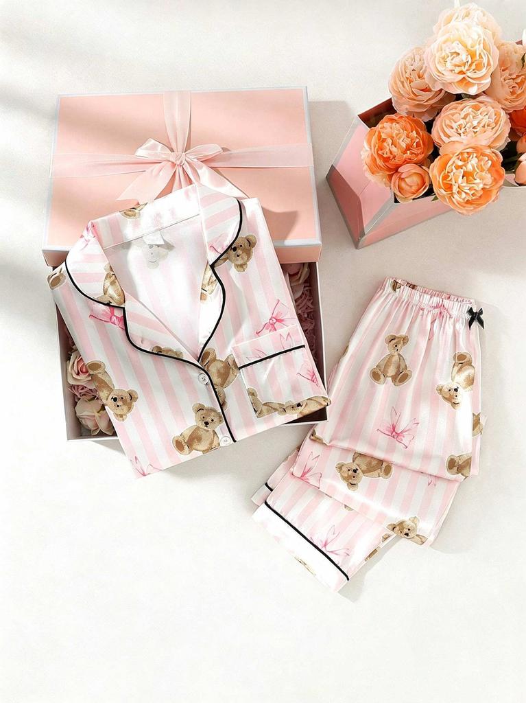 Girls Pajama Set, Cute Bear Print Short Sleeve Button Down Top & Shorts, Pink Sleepwear Loungewear for Kids 8-13 Years